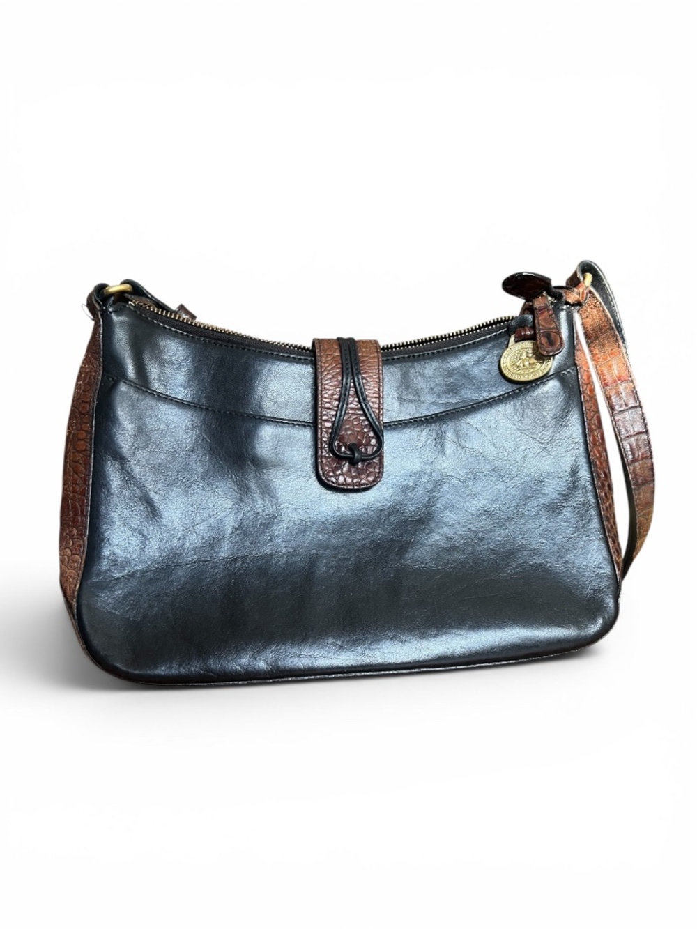 Vintage Brahmin Black Leather Croc Trim Shoulder Bag Crossbody